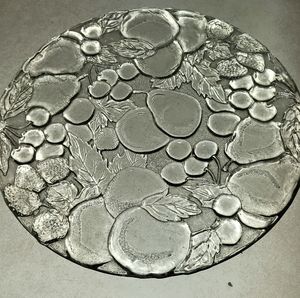 Vintage Indiana Glass, Round Serving Platter, Clear with Embossed Fruits
